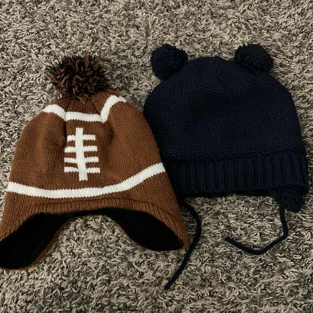 Lot of 2 Boys Knit Winter Hats Football, Pom Poms 0-9M